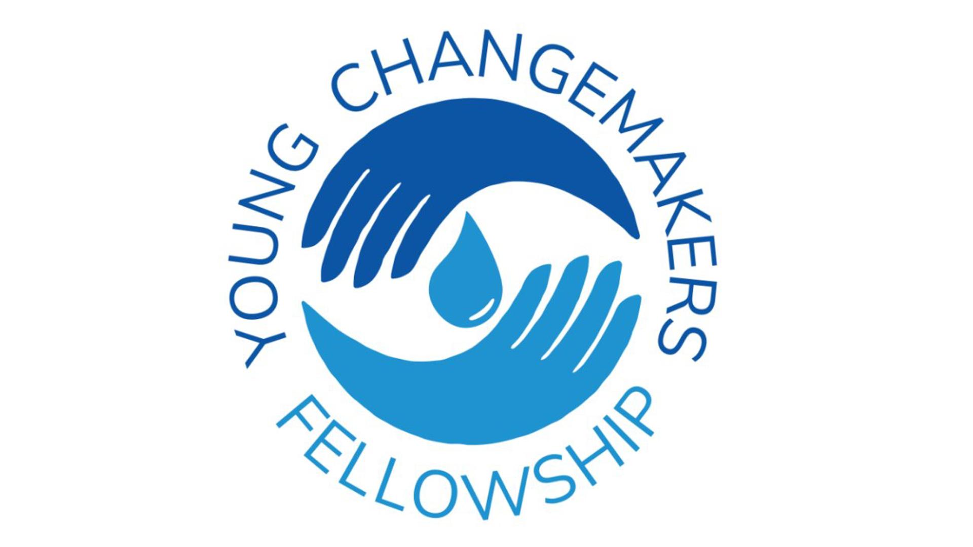 A round two-toned blue logo shows a pair of hands around a drop of water. The words that wrap around the logo read "Young Changemakers Fellowship."