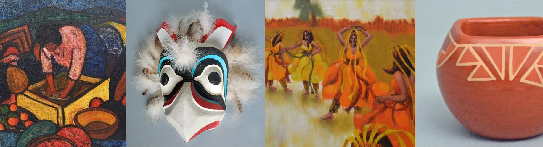 From left to right: "Woman Grinding Corn" by Howell Sonny Orr, Spotted Owl Mask by Jewell Praying Wolf James, "Preparing for the Performance" by Joan Hill, Red Polished Pot with Square Mouth by Anita Suazo.