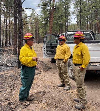 Wayne Waquiu, BAER Team Forester, discusses the impacts of the Cerro Pelado fire on the Tribe's timber resource with Pueblo of Jemez' natural resources staff members.