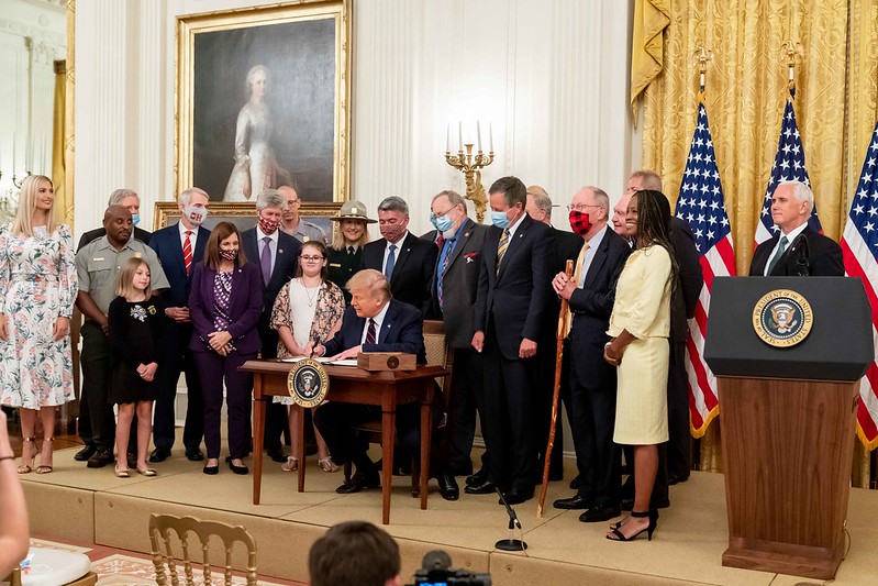 President Donald J. Trump signs H.R. 1957- The Great American Outdoors Act Tuesday, August 4, 2020, in the East Room of the White House. (Official White House Photo by D. Myles Cullen) President Donald J. Trump signs H.R. 1957- The Great American Outdoors Act Tuesday, August 4, 2020, in the East Room of the White House. (Official White House Photo by D. Myles Cullen)