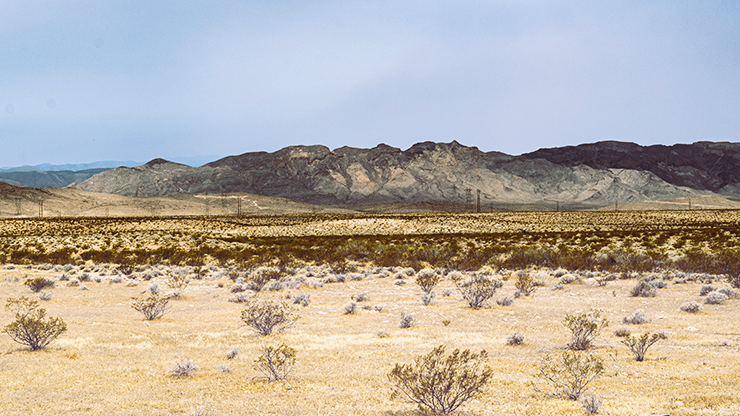 Desert scape with rocky mountain ranges afar.