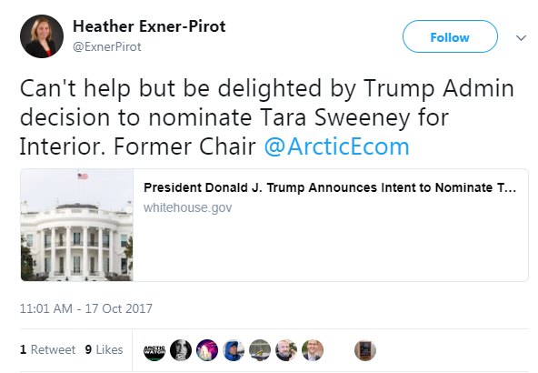  "Cant' help but be delighted by Trump Admin decision to nominate Tara Sweeney for Interior. Former Chair @ArcticEcom"