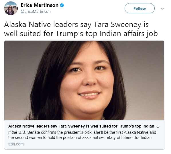  "Alaska Native leaders say Tara Sweeney is well suited for Trump's top Indian affairs job"