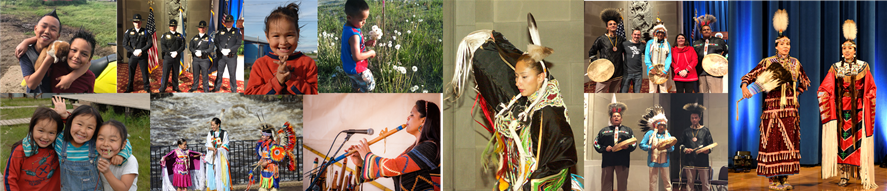  Collage of 11 photos. Photos feature American Indian and Alaskan Native men, women and children from modern times. Some in traditional regalia, and others in modern clothing.