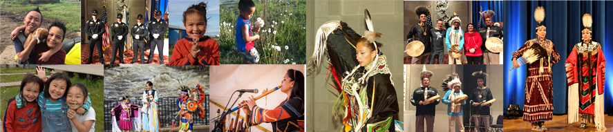 Collage of 11 photos. Photos feature American Indian and Alaskan Native men, women and children from modern times. Some in traditional regalia, and others in modern clothing.