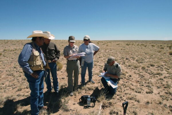 Five individuals collect data while standing on tan, sandy ground. Blue sky background.