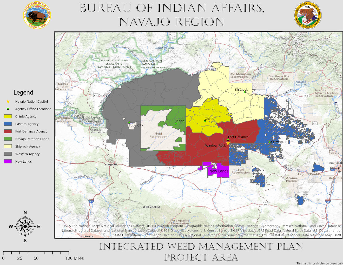 Map of the Navajo Nation lands administered by the Bureau of Indian Affairs. The Navajo Nation is divided by Agency, with Western Agency in gray, Shiprock Agency in tan, Eastern Agency in blue, Chinle Agency in bright yellow, Fort Defiance Agency in red, Navajo Partitioned Lands in green, and New Lands in magenta. 