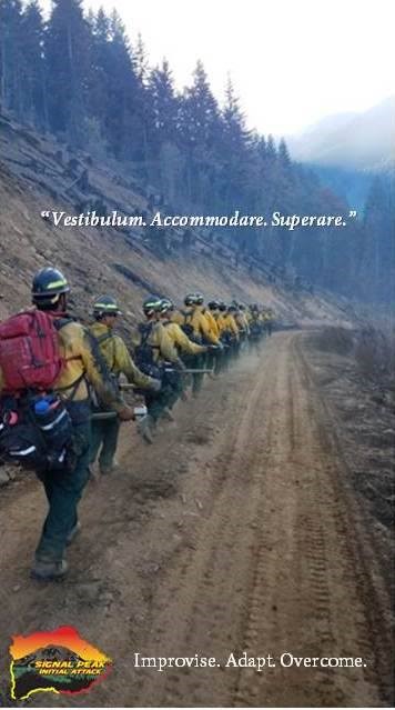 Photo Signal Peak T2IA Hand Crew hikes out at the end of shift on the Dry Creek Fire, 2017. Photo provided by Aleck Farrell, Crew Boss, Yakama Nation.