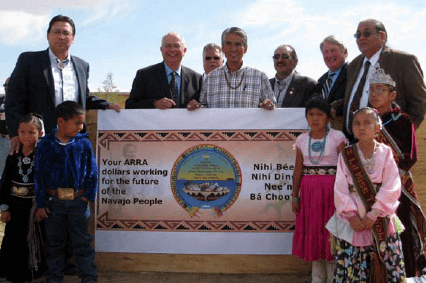 Officials from the Interior Department, Navajo Nation and Rough Rock Community School with students from the school’s Navajo Language Immersion class.