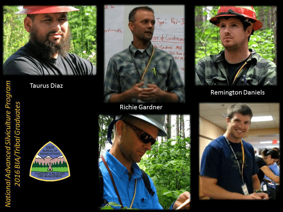 Top Row: Taurus Diaz, Southwest Regional Office at a field session in Minnesota; Richie Gardner, Confederated Tribes of the Umatilla Indian Reservation gives a presentation to 35 students regarding climate change and silvicultureal strategies; and Remington Daniels, Colville Tribes listening to instructor at field session in Minnesota. Bottom Row: Richie Gardner documents data during field session in Minnesota; Remington Daniels preparing for class presentation. Top Row: Taurus Diaz, Southwest Regional Office at a field session in Minnesota; Richie Gardner, Confederated Tribes of the Umatilla Indian Reservation gives a presentation to 35 students regarding climate change and silvicultureal strategies; and Remington Daniels, Colville Tribes listening to instructor at field session in Minnesota. Bottom Row: Richie Gardner documents data during field session in Minnesota; Remington Daniels preparing for class presentation.