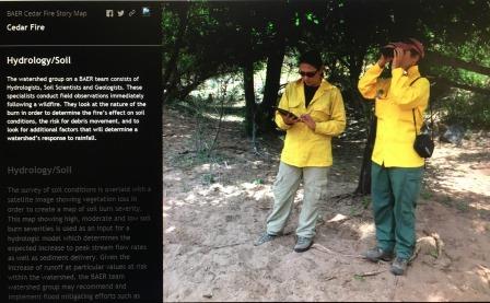BAER Team members collect field data using ArcGIS Collector App. Picture is presented in a page of the BAER Cedar Fire Story Map. Photo by BIA BAER Team members collect field data using ArcGIS Collector App. Picture is presented in a page of the BAER Cedar Fire Story Map. Photo by BIA