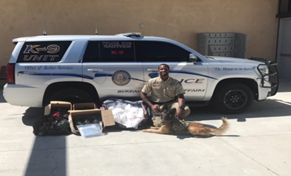 BIA Officer Jackson and K9 Kofi with seized narcotics. BIA Officer Jackson and K9 Kofi with seized narcotics.