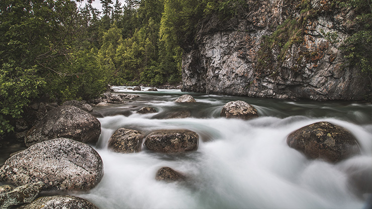 River rocks with timelapse water over it, creating a beautiful white foggy stream of water through a bed of river rock. Green trees in the background. 