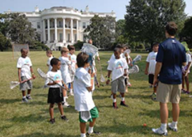 Children participate in the first-ever lacrosse clinic on the South Lawn of the White House. (DOI photo by Gary Garrison)