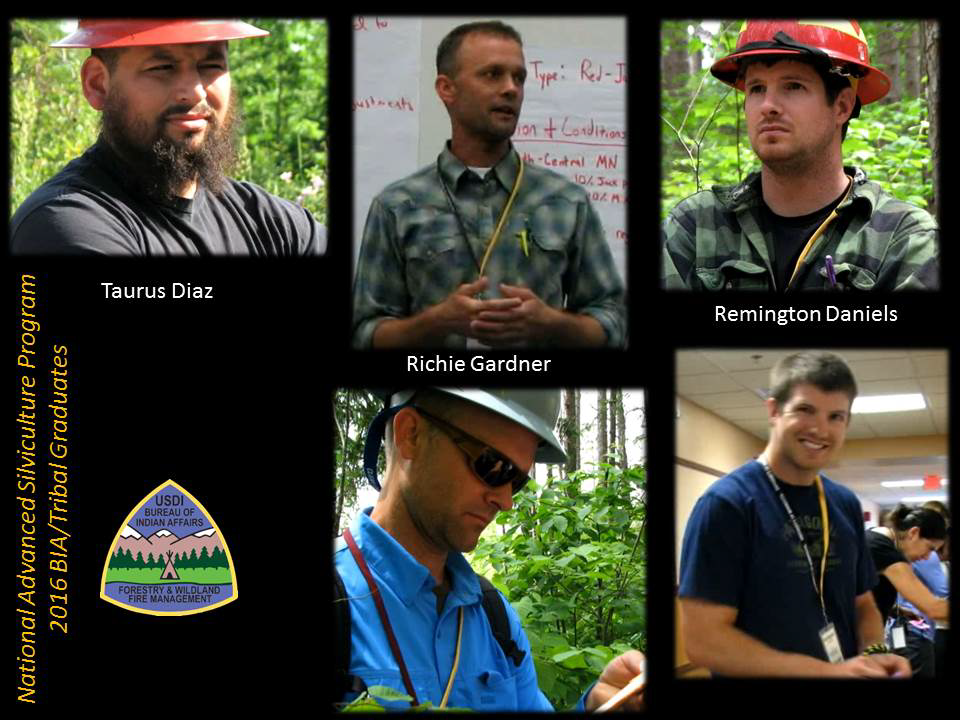 Top Row: Taurus Diaz, Southwest Regional Office at a field session in Minnesota; Richie Gardner, Confederated Tribes of the Umatilla Indian Reservation gives a presentation to 35 students regarding climate change and silvicultureal strategies; and Remington Daniels, Colville Tribes listening to instructor at field session in Minnesota. Bottom Row: Richie Gardner documents data during field session in Minnesota; Remington Daniels preparing for class presentation. Top Row: Taurus Diaz, Southwest Regional Office at a field session in Minnesota; Richie Gardner, Confederated Tribes of the Umatilla Indian Reservation gives a presentation to 35 students regarding climate change and silvicultureal strategies; and Remington Daniels, Colville Tribes listening to instructor at field session in Minnesota. Bottom Row: Richie Gardner documents data during field session in Minnesota; Remington Daniels preparing for class presentation.
