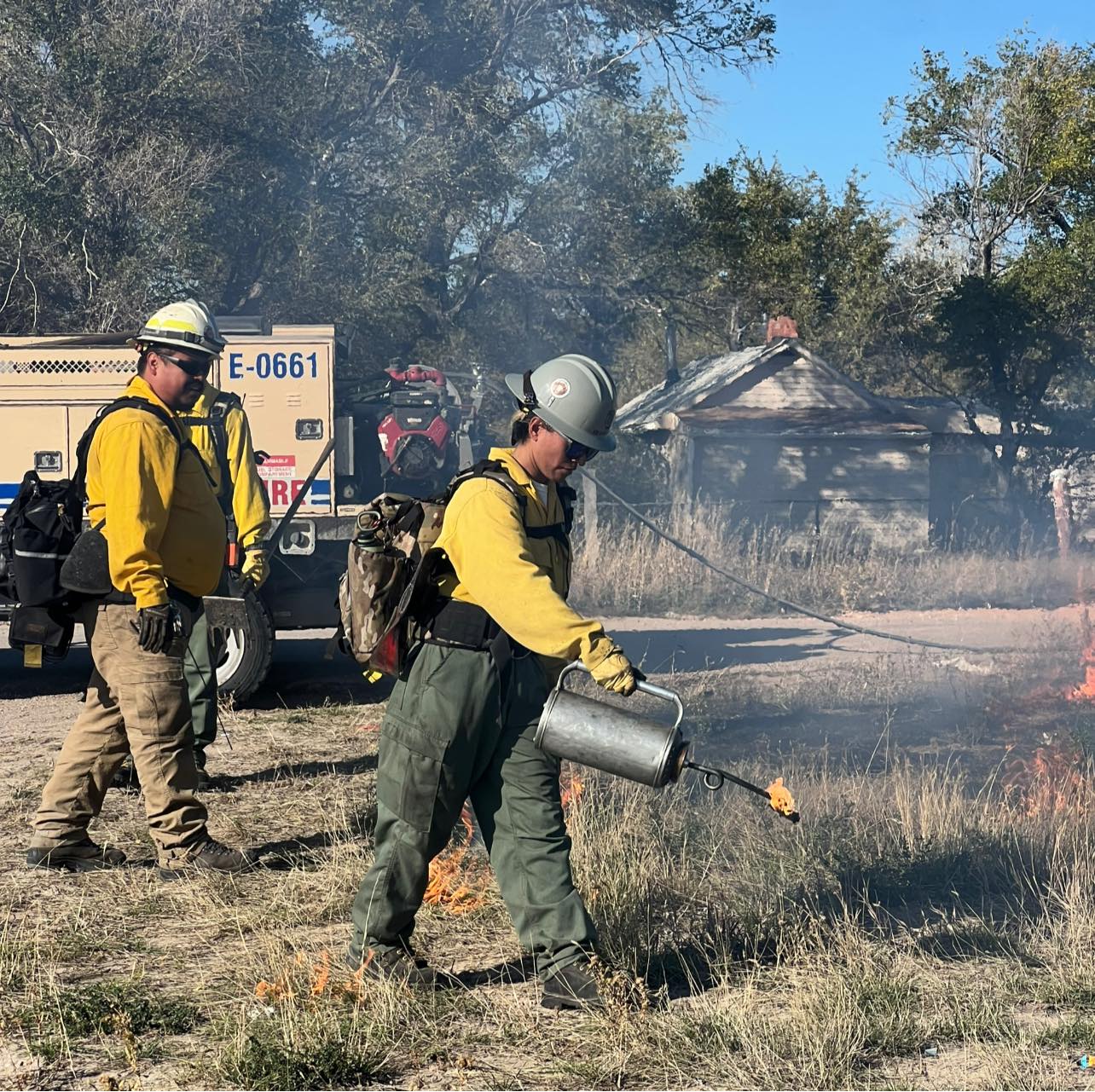 Students, Andrew Stanfield and Crystal Hernandez apply firing patterns at the Pine Ridge Rx site. Students, Andrew Stanfield and Crystal Hernandez apply firing patterns at the Pine Ridge Rx site
