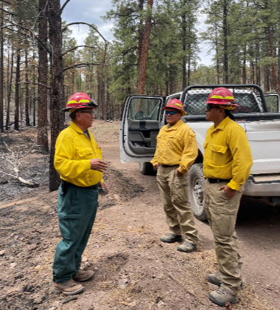 Wayne Waquiu, BAER Team Forester, discusses the impacts of the Cerro Pelado fire on the Tribe's timber resource with Pueblo of Jemez' natural resources staff members. Wayne Waquiu, BAER Team Forester, discusses the impacts of the Cerro Pelado fire on the Tribe's timber resource with Pueblo of Jemez' natural resources staff members.