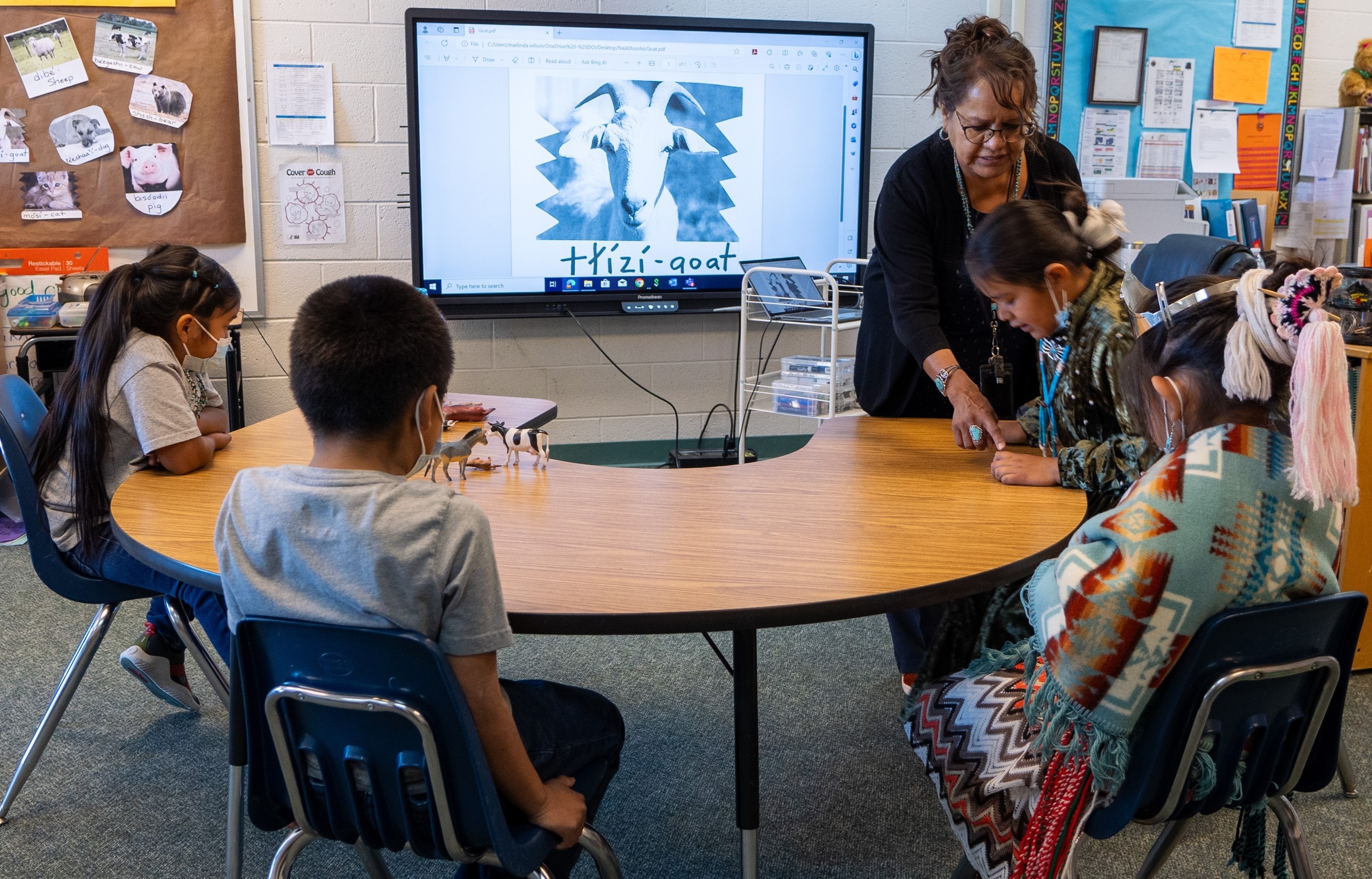 Students at Pine Springs Day School in a classroom learning their native language.