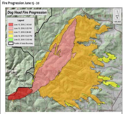 The Progression Map illustrates how the fire skirted the Pueblo boundary, leaving tribal lands relatively untouched.