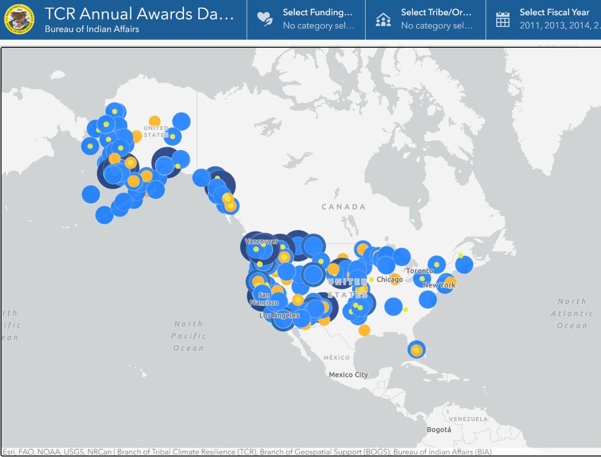 Map of the united states showing previously funded TCR projects, via the TCR Dashboard