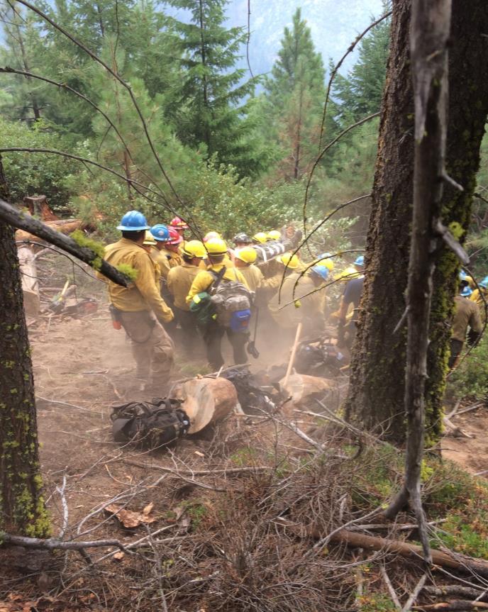 Progress of an emergency carry-out by the Navajo Interagency Hotshots. Patient #1 is moved downhill through a cut out p-line toward drop point. Photo: Randy Ostman, on-scene Safety Officer. Progress of an emergency carry-out by the Navajo Interagency Hotshots. Patient #1 is moved downhill through a cut out p-line toward drop point. Photo: Randy Ostman, on-scene Safety Officer.