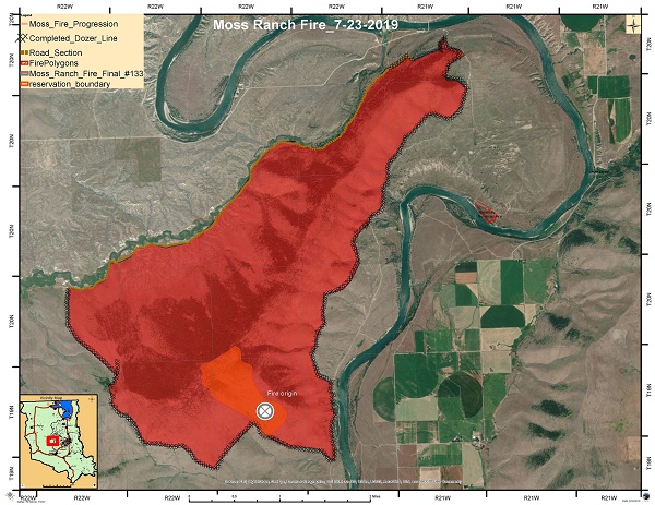 Final Moss Ranch fire perimeter; 8.2 square miles (5,300 acres). Darker red area shows original fire perimeter and area of spread to the northwest. Photo by CSKT