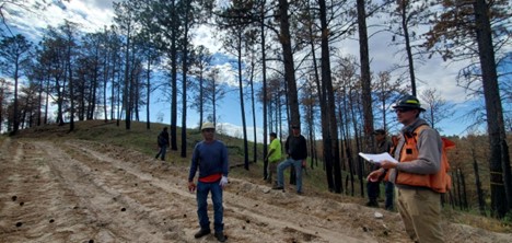 Timber Team Supervisory Forester, Ryan Frandino (right), and BIA Rosebud Sioux Tribal Forester, Ira Wilson (left), discussing cruising techniques with Rosebud Sioux Tribal Forestry staff outside near trees.