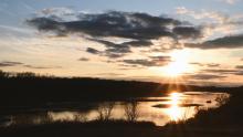 sunset, river, clouds