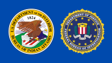 The Department of the Interior, Bureau of Indian Affairs, and the Department of Justice, Federal Bureau of Investigation, logos on blue background