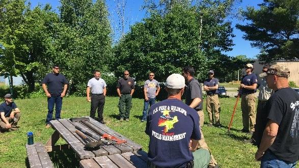 Students attending basic wildland firefighting training discuss lessons from class. Photo: Lucas Minton, BIA Fire Management Officer, Eastern Region
