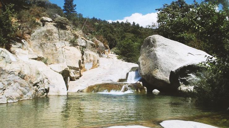 Photo of Tule River rock and bed. Green trees surround the river and river rock. 