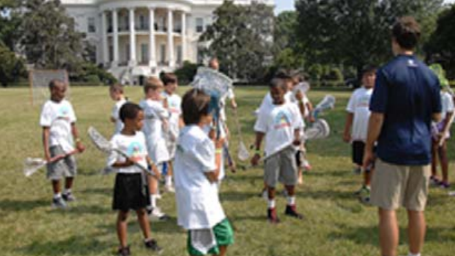 Children participate in the first-ever lacrosse clinic on the South Lawn of the White House. (DOI photo by Gary Garrison)