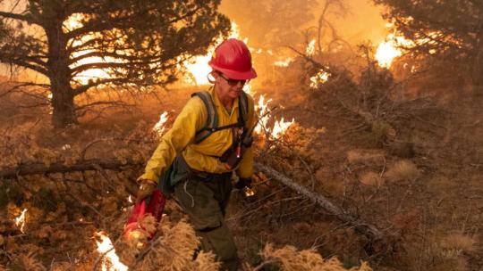 Wildland firefighter out in the field with raging fires in background