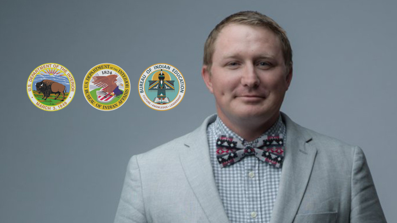 A photo of Alex Red Corn with the DOI, BIA and BIE logos.