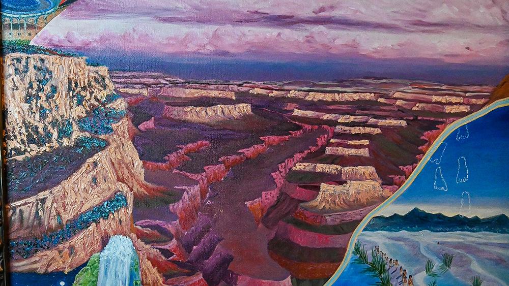 Oil painting of moments in the migration of the Zuni people. In the foreground a kachina and a parrot figure divide the canvas into paneled landscapes of oceans, waterways, forested foothills, the Grand Canyon, and pueblo structures with superimposed petroglyphs.