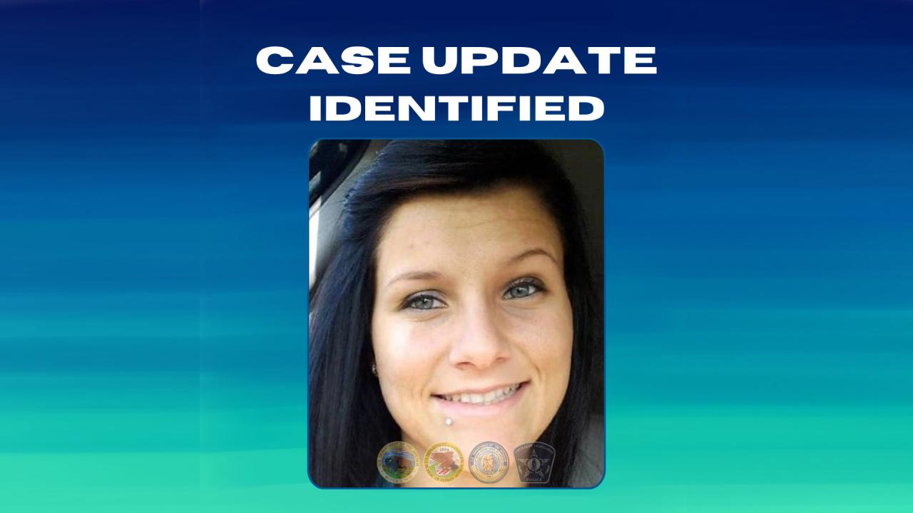 A graphic with a photo of missing person Molly Miller with the words, "Case update. Identified"