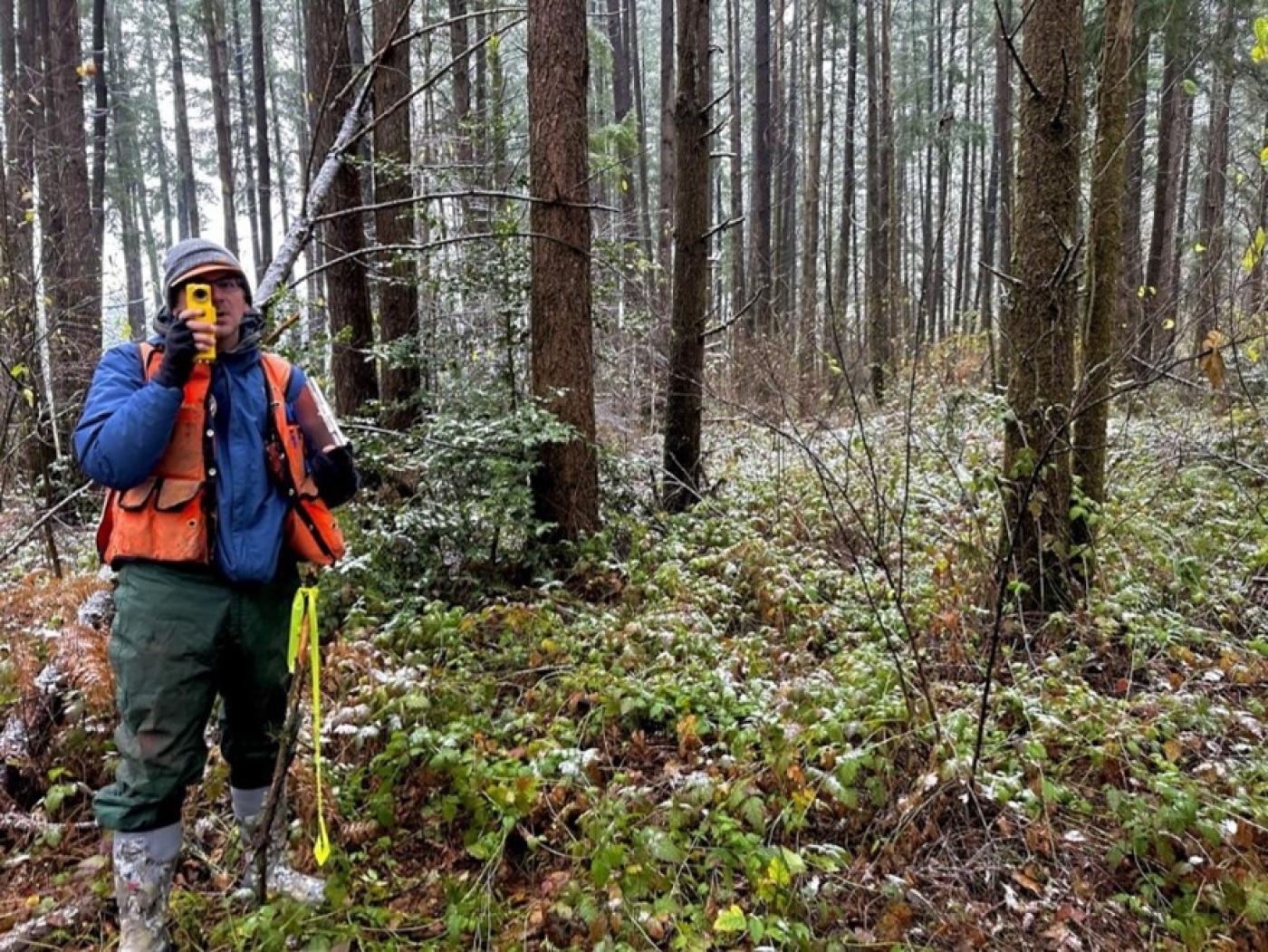 Timber Team supervisor using a digital relaskop to assess basal area on the Confederated Tribes of the Chehalis Reservation.