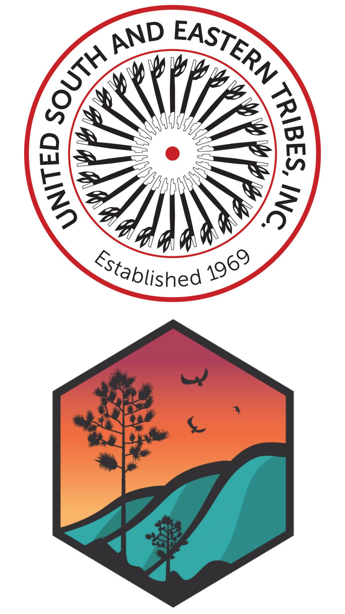 Two logos. In the 1st logo, in the outer circle of a two-ringed, red-bordered circle, texts read “United South and Eastern Tribes, Inc” and “Established in 1969”. In the inner circle, 27 black peace pipes arranged in a circle point inwards to a red silhouette of a leafy tree with spreading roots. In the 2nd hexagonal logo, two longleaf pine trees rise in front of three turquoise-colored sloping hills, while three birds are in flight on the upper left in a gradated red-tinged sky that evokes sunset.