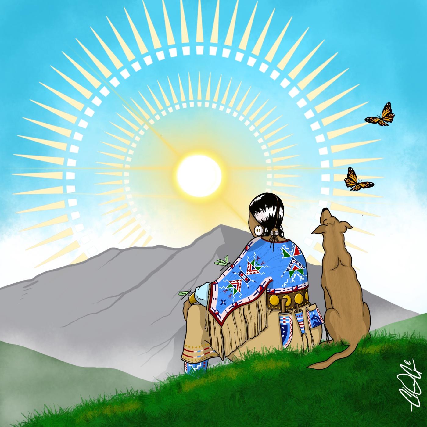 Digital art of young Lakota girl and her dog sitting on the hillside overlooking the mountains while two butterflies flit past. 