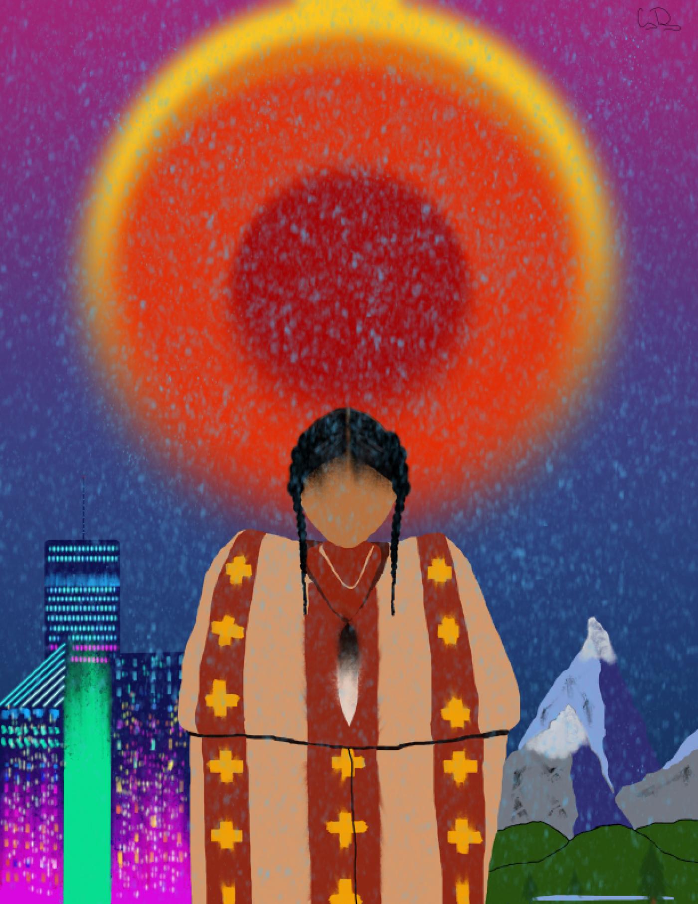 Digital image depicting a faceless Indigenous person in the middle wearing traditional dress. Rain falls in the foreground while a bright sun hangs overhead. Behind the central figure on the left are skyscrapers, with mountains and green hills on the right.