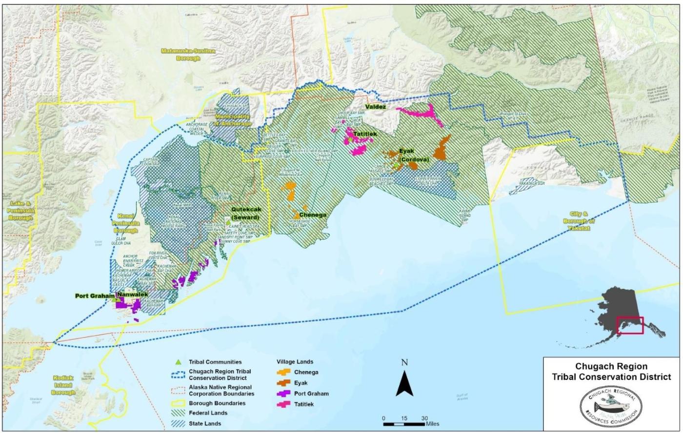 Map of southcentral Alaska showing the locations and land areas associated with the seven Chugach Tribes—Nanwalek, Port Graham, Qutekcak/Seward, Chenega, Eyak/Cordova, Tatitlek, and Valdez—outlined with distinct colors and boundaries along the Gulf of Alaska coast.