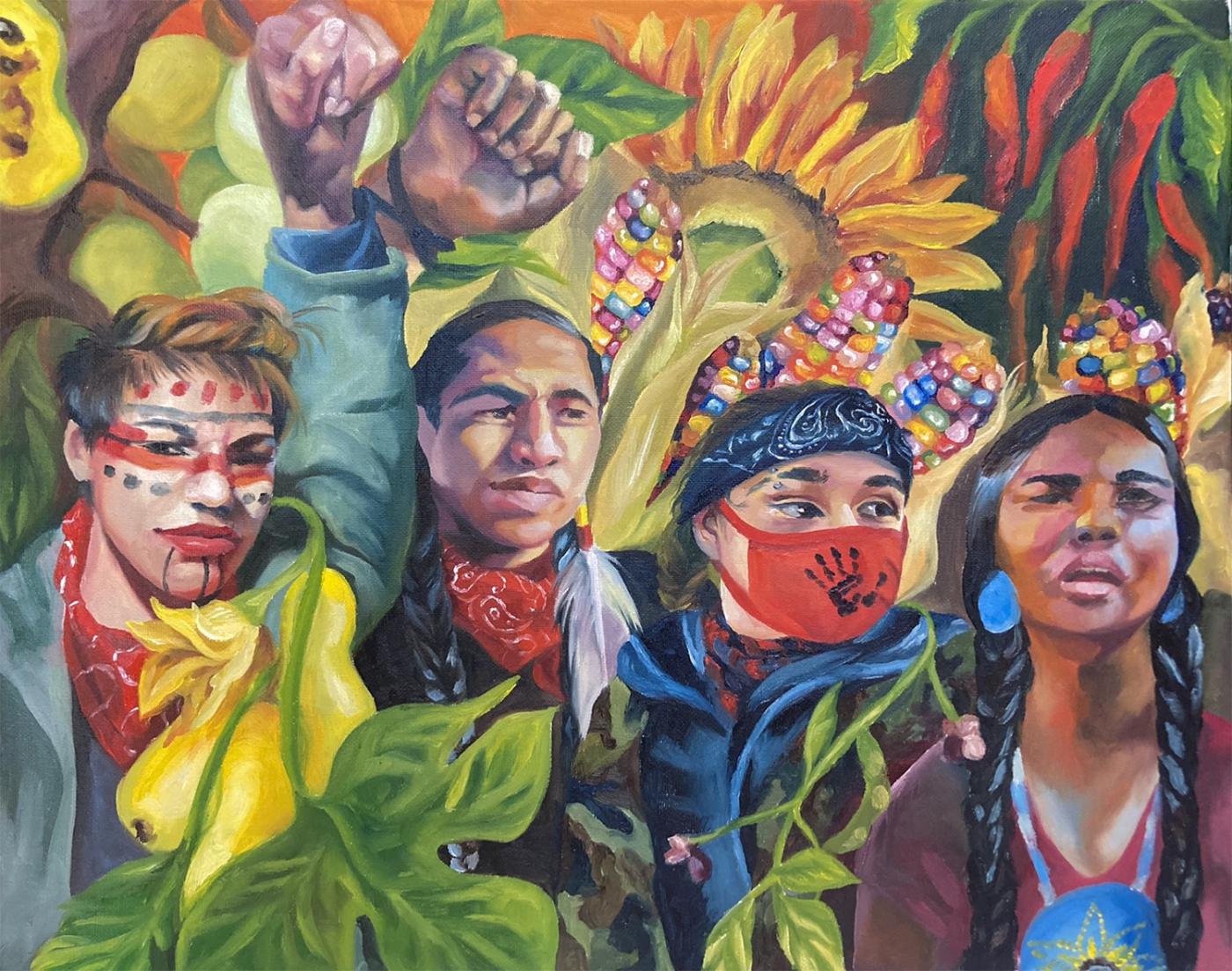 Portrait of four Indigenous youth shoulder-to-shoulder in front of a backdrop of native plants including rainbow corn, peppers, and sunflowers.