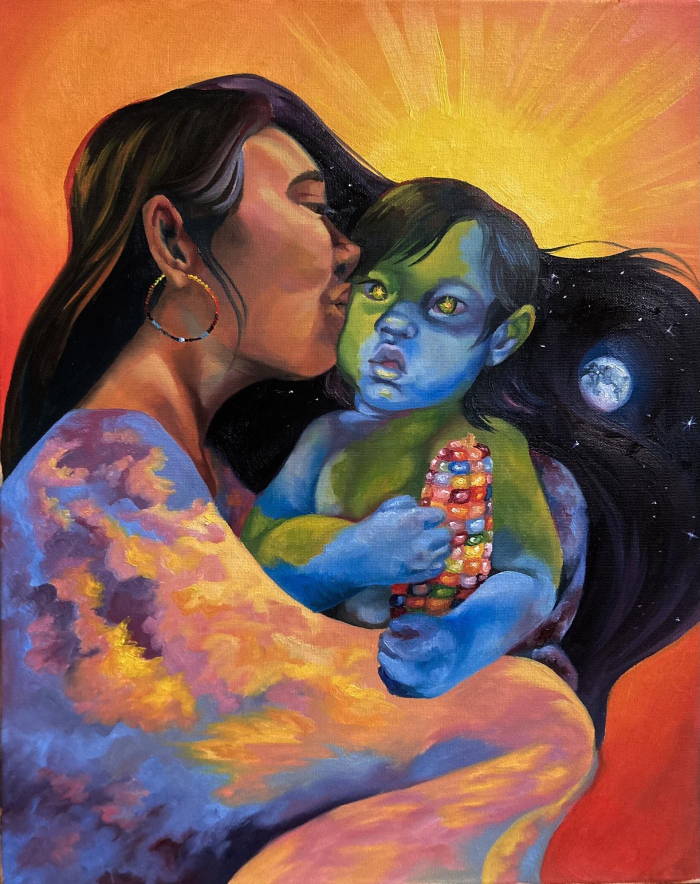 Painting of an Indigenous mother carrying and kissing a child whose skin resembles the oceans and landmasses of the earth viewed from above. The child is clutching an ear of rainbow corn, and an image of the earth viewed from space is superimposed on the mother’s dark flowing hair. 