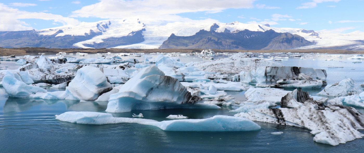 Blue-white sea ice floats as far as the eye can see against a backdrop of snow-capped mountains.