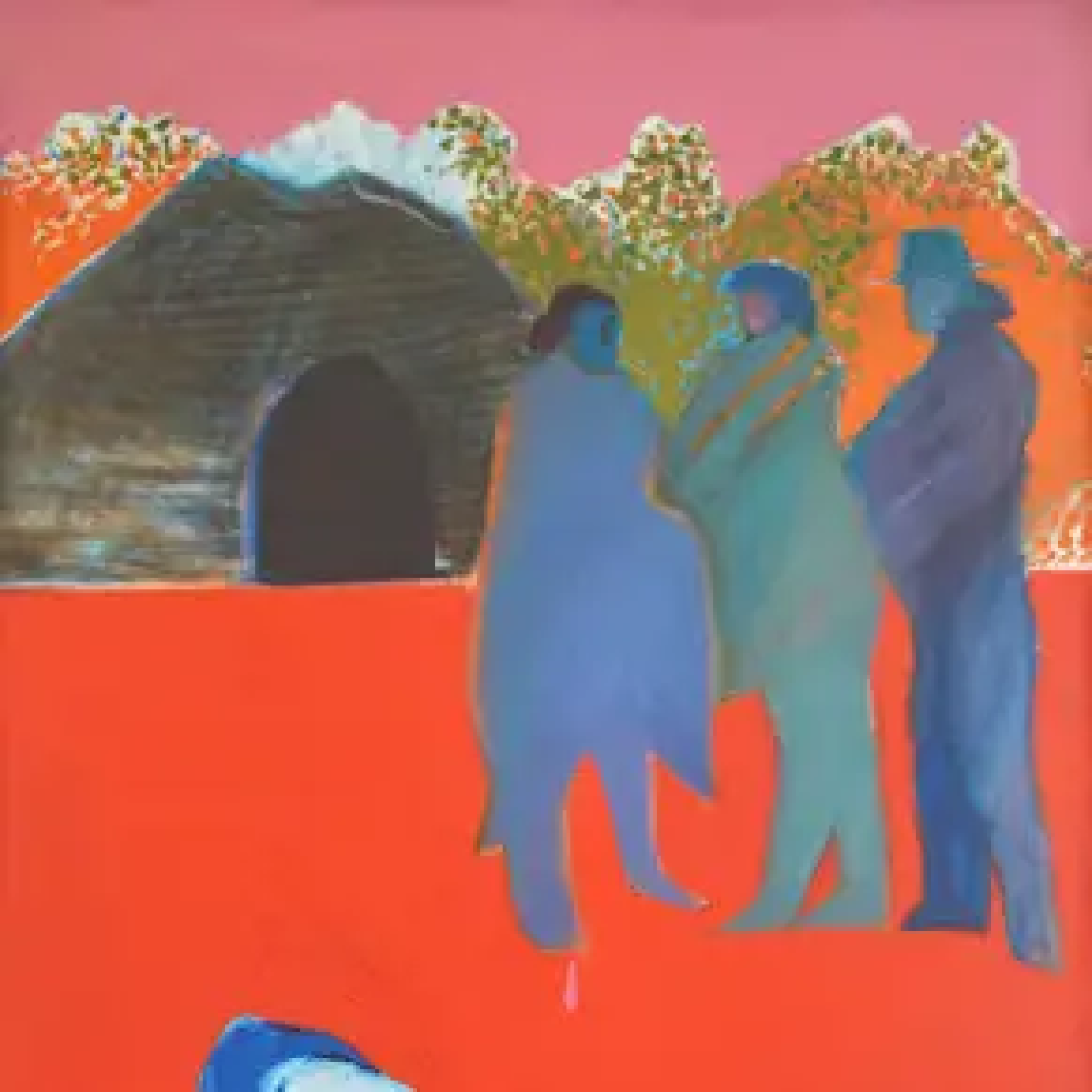 Three Navajos and a Dog (1968) by Fritz Scholder. From the BIA Museum collection.