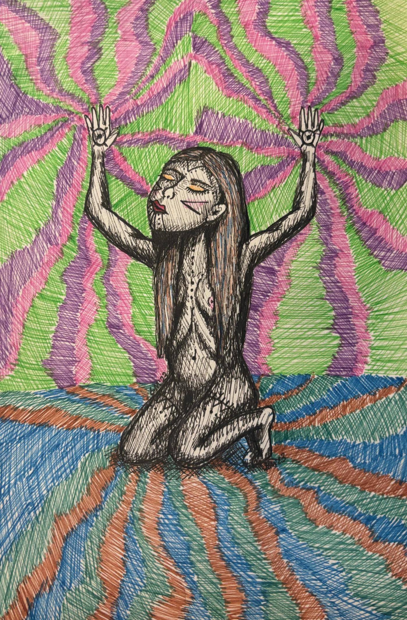 Pen and paper drawing of a woman bearing traditional tattoos. Below her are swirling colors of the land, while above are swirling colors of the northern lights.