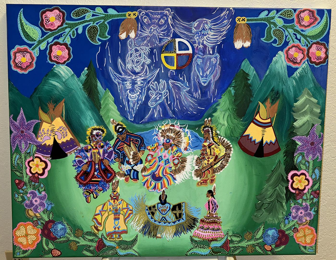 Painting of seven dancers in a circle surrounded by trees, mountains, flowers, and two teepees, with shining outlines of animals depicting the seven grandfathers hang in the night sky.