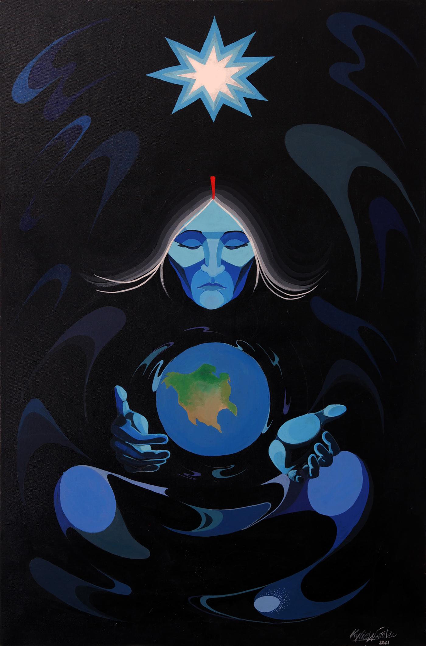 Painting of Mother Earth holding the planet hovering in her hands while a bright star shines above her. 