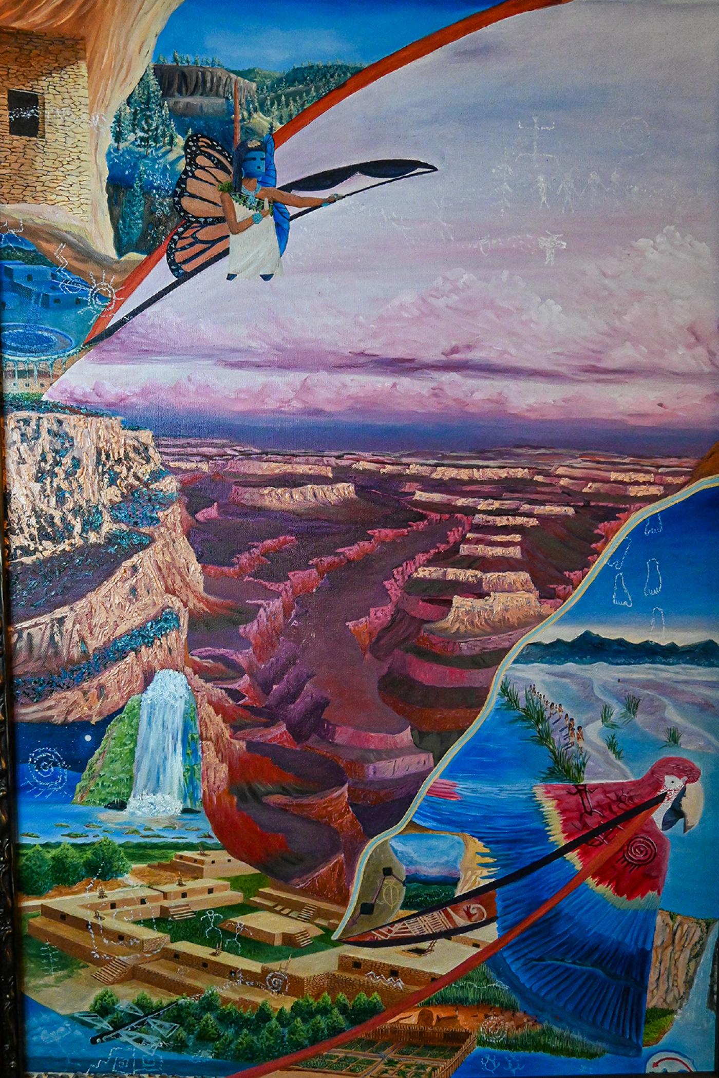 Oil painting of moments in the migration of the Zuni people. In the foreground a kachina and a parrot figure divide the canvas into paneled landscapes of oceans, waterways, forested foothills, the Grand Canyon, and pueblo structures with superimposed petroglyphs. 