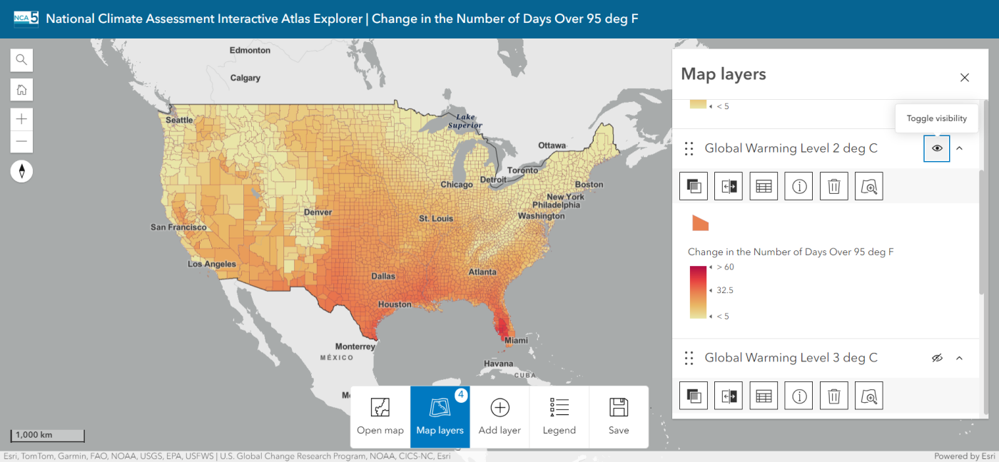 The National Climate Assessment Atlas displaying a color-coded map indicating the change in the number of days over 95°F in the lower 48 US states based on models of two degrees of global warming. 